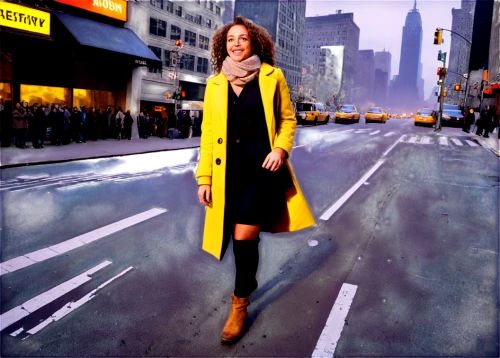 sprint woman,woman walking,pedestrian,crosswalk,fashion street,new york streets,a pedestrian,overcoat,woman in menswear,photoshop manipulation,yellow and black,yellow cab,digital compositing,city ​​portrait,yellow taxi,yellow mustard,trench coat,yellow color,image manipulation,women fashion,Art,Artistic Painting,Artistic Painting 30