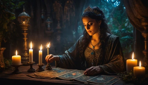 candlemaker,fortune telling,tarot cards,divination,mystical portrait of a girl,fortune teller,candlelight,candlelights,tarot,sorceress,the enchantress,candle light,games of light,fantasy picture,romantic portrait,the witch,celebration of witches,candlemas,fantasy portrait,priestess,Photography,General,Fantasy