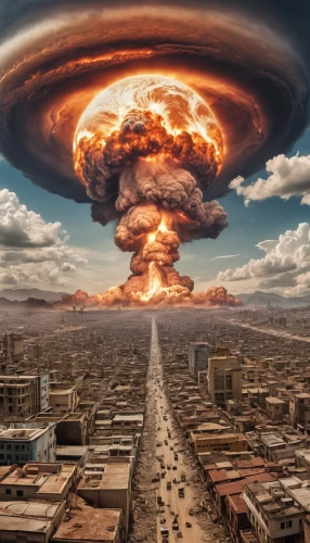 nuclear explosion,atomic bomb,nuclear bomb,mushroom cloud,doomsday,hydrogen bomb,nuclear war,nuclear weapons,apocalyptic,apocalypse,armageddon,post-apocalyptic landscape,explosion destroy,detonation,atomic age,the end of the world,post-apocalypse,end of the world,explosion,photomontage,Photography,General,Realistic