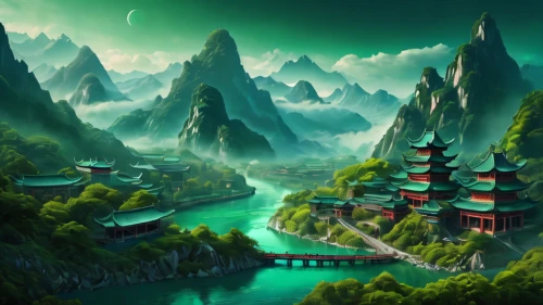 fantasy landscape,chinese background,landscape background,ancient city,wuyi,chinese temple,green landscape,world digital painting,mountainous landscape,chinese architecture,guizhou,guilin,yunnan,fantasy picture,cartoon video game background,green valley,mountain settlement,huashan,forbidden palace,mountain landscape,Photography,General,Fantasy