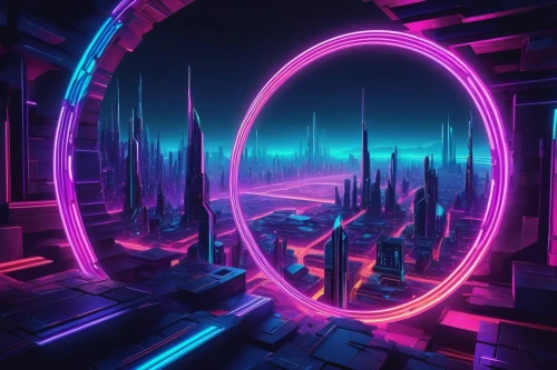 futuristic landscape,electric arc,orbital,fantasy city,portals,baku eye,ultraviolet,futuristic,portal,neon arrows,neon lights,neon sign,neon light,torus,3d background,the loop,cyberspace,metropolis,neon,oculus,Conceptual Art,Sci-Fi,Sci-Fi 20