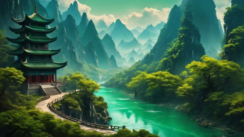 green landscape,fantasy landscape,green waterfall,landscape background,world digital painting,green forest,chinese temple,chinese art,chinese background,mountain landscape,japan landscape,yunnan,mountainous landscape,river landscape,wuyi,green wallpaper,green valley,mountain scene,china,chinese architecture,Photography,General,Fantasy