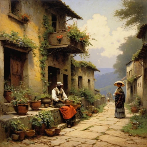 village scene,street scene,woman at the well,italian painter,girl picking flowers,woman playing,merchant,pilgrims,village life,idyll,young couple,rural landscape,tuscan,asher durand,peddler,woman house,la violetta,peruvian women,apulia,campagna,Art,Classical Oil Painting,Classical Oil Painting 32