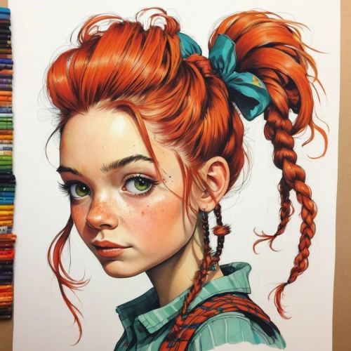 pippi longstocking,girl portrait,clementine,color pencils,cinnamon girl,portrait of a girl,redhead doll,girl drawing,teal and orange,colour pencils,color pencil,fantasy portrait,copic,kids illustration,red-haired,little girl in wind,painter doll,updo,bunches of rowan,pencil color,Conceptual Art,Fantasy,Fantasy 08