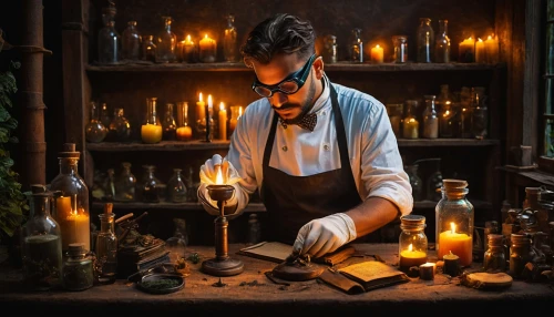 candlemaker,apothecary,tinsmith,watchmaker,men chef,cooking book cover,bartender,play escape game live and win,mystic light food photography,book glasses,chemist,sci fiction illustration,fire artist,clockmaker,confectioner,metalsmith,blacksmith,alchemy,barman,potions,Photography,General,Fantasy