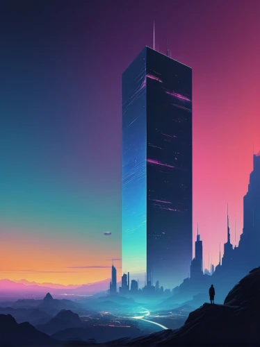 futuristic landscape,cityscape,skyscraper,monolith,skyscrapers,the skyscraper,skycraper,dusk,city skyline,high-rises,pc tower,urban towers,dusk background,burj,fantasy city,skyscraper town,colorful city,evening city,high rises,horizon,Conceptual Art,Sci-Fi,Sci-Fi 07