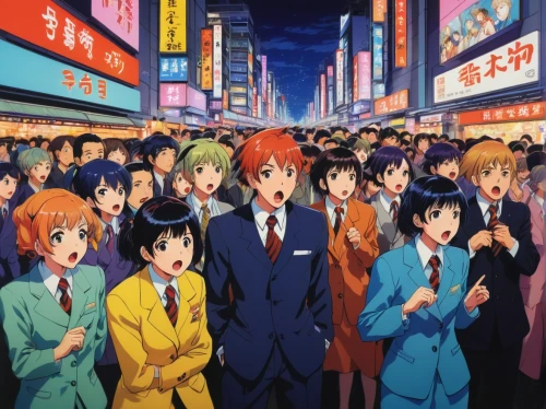 haruhi suzumiya sos brigade,evangelion,anime japanese clothing,suits,human chain,evangelion eva 00 unit,group photo,crowd of people,mitarashi dango,concert crowd,citrus,parade,group of people,tokyo ¡¡,izakaya,tsumugi kotobuki k-on,movie premiere,tokyo,crowd,tangerines,Illustration,Retro,Retro 07