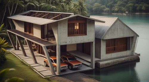 floating huts,house by the water,house with lake,inverted cottage,stilt house,houseboat,boat house,summer cottage,holiday villa,stilt houses,wooden house,small cabin,pool house,cube stilt houses,tropical house,boathouse,chalet,cottage,summer house,luxury property,Photography,General,Cinematic