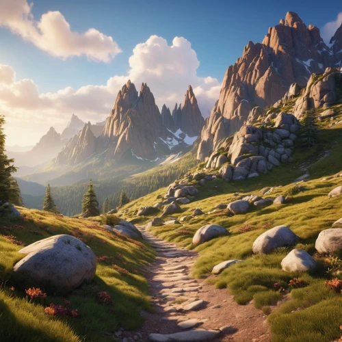 alpine crossing,salt meadow landscape,mountain scene,mountain landscape,alpine route,mountainous landscape,alpine meadow,alpine region,mountain valley,mountain meadow,mountain world,fantasy landscape,hiking path,landscape mountains alps,cartoon video game background,landscape background,mountain valleys,high alps,alpine meadows,mountainside