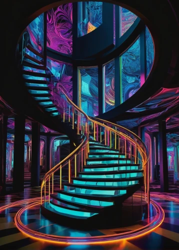 ufo interior,spiral staircase,staircase,colorful spiral,stairway,nightclub,stairwell,revolving,panoramical,winding staircase,circular staircase,winding steps,wormhole,spaceship space,futuristic art museum,spiral,jukebox,dimension,spiral stairs,stage design,Photography,Fashion Photography,Fashion Photography 20