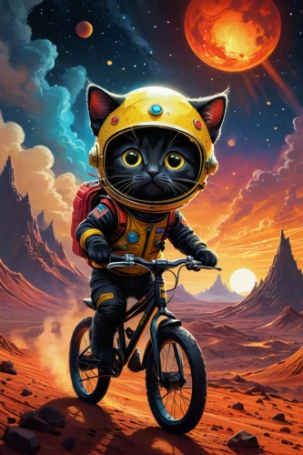 et,sci fiction illustration,biker,cartoon cat,cat vector,bmx,motorbike,extraterrestrial,scooter,trek,tour de france,motorcycle,game illustration,bicycle helmet,game art,pubg mascot,motorcyclist,moon rover,astropeiler,cycle ball,Conceptual Art,Sci-Fi,Sci-Fi 05