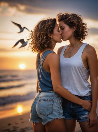 loving couple sunrise,girl kiss,amorous,romantic portrait,making out,kissing,young couple,romantic scene,cheek kissing,couple in love,first kiss,boy kisses girl,two girls,hot love,pda,courtship,love in air,beach background,inter-sexuality,hypersexuality,Illustration,Realistic Fantasy,Realistic Fantasy 33