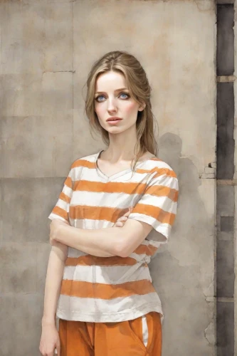 prisoner,portrait background,girl in a historic way,olallieberry,image manipulation,photoshop manipulation,girl in t-shirt,isolated t-shirt,girl in a long,prison,striped background,girl with cereal bowl,depressed woman,photo painting,digital compositing,orange,horizontal stripes,television character,drug rehabilitation,blonde woman reading a newspaper,Digital Art,Watercolor