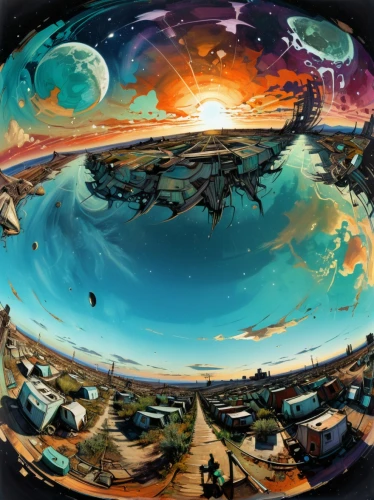 panoramical,360 ° panorama,little planet,planet alien sky,world digital painting,planet eart,gas planet,airships,sci fiction illustration,planet,small planet,360 °,futuristic landscape,game illustration,space art,sky space concept,background image,virtual landscape,heliosphere,panoramic landscape,Illustration,Realistic Fantasy,Realistic Fantasy 23