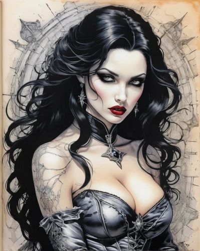 gothic woman,vampire woman,gothic portrait,widow,vampire lady,goth woman,the enchantress,vampira,fantasy art,dark angel,sorceress,widow flower,chalk drawing,tattoo girl,fantasy woman,dita,gothic fashion,fantasy portrait,catwoman,corset,Illustration,Abstract Fantasy,Abstract Fantasy 05