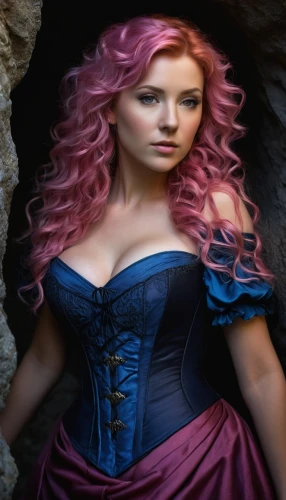 celtic woman,rapunzel,fantasy woman,fairy tale character,celtic queen,fantasy picture,fae,bodice,rosa 'the fairy,digital compositing,pink hair,fantasy art,la violetta,dark pink in colour,victorian lady,the sea maid,the blonde in the river,image manipulation,corset,fantasy portrait,Illustration,American Style,American Style 07