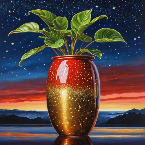 golden pot,potted plant,golden apple,glass painting,golden candle plant,plant pot,oil painting on canvas,vase,siberian ginseng,strawberry tree,oil on canvas,potted plants,flower vase,gold chalice,oil painting,container plant,glass vase,flowerpot,xmas plant,pot plant,Photography,General,Realistic