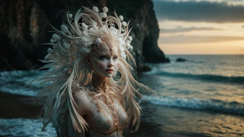 siren,faery,the enchantress,merfolk,dryad,headdress,faerie,the sea maid,fantasy woman,fae,feather headdress,rusalka,ice queen,the night of kupala,water creature,the wind from the sea,celtic queen,water nymph,fantasy picture,elven