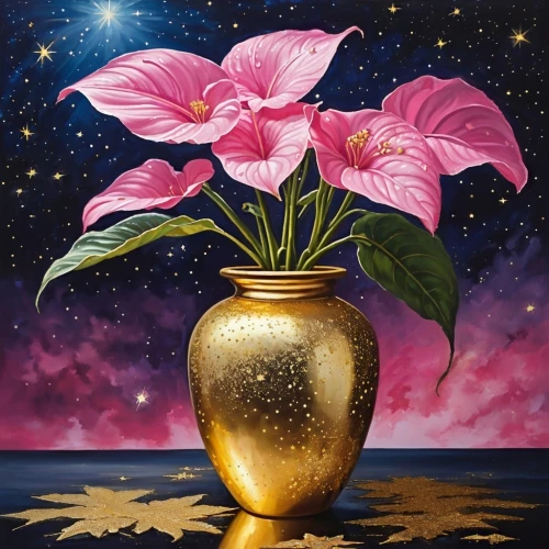 golden pot,flower vase,mandevilla,beach moonflower,vase,flower painting,globe flower,desert flower,cosmic flower,pink lisianthus,flowers celestial,oleander,pitaya,stargazer lily,oil painting on canvas,floral composition,adenium,flowers png,potted flowers,oil painting