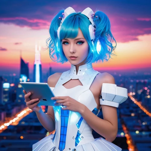 hatsune miku,cosplay image,holding ipad,miku,aqua,vocaloid,cosplayer,blue heart,cyan,cosplay,winterblueher,anime girl,poker primrose,e-reader,chat bot,oracle girl,sega,umiuchiwa,android,cpu,Photography,Documentary Photography,Documentary Photography 32