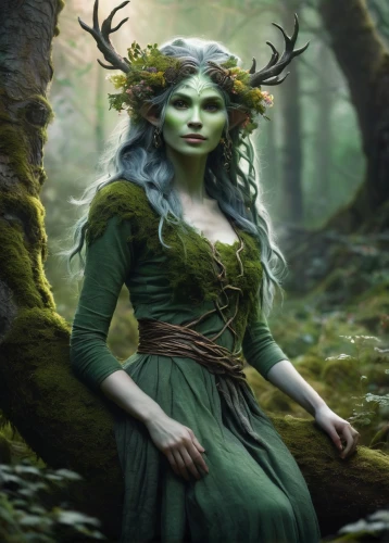 dryad,the enchantress,faerie,faery,druid,fantasy portrait,fae,elven forest,elven,fantasy picture,anahata,fantasy art,green aurora,mother nature,rusalka,violet head elf,celtic queen,wood elf,heroic fantasy,fantasy woman,Illustration,Realistic Fantasy,Realistic Fantasy 07