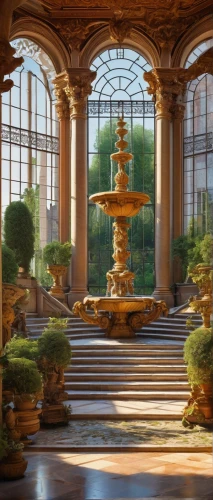 conservatory,floor fountain,decorative fountains,fountain,pillars,stone fountain,ballroom,fountains,winter garden,lobby,columns,water fountain,gardens,garden of the fountain,fairy tale castle,dandelion hall,courtyard,secret garden of venus,mozart fountain,orangery,Illustration,Realistic Fantasy,Realistic Fantasy 05