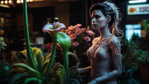 flower shop,girl in flowers,florist,dryad,flora,bodypaint,elven flower,body painting,artist's mannequin,beautiful girl with flowers,decorative figure,mannequin,bangkok,neon body painting,bodypainting,tiger lily,store window,flower booth,floristics,shopwindow