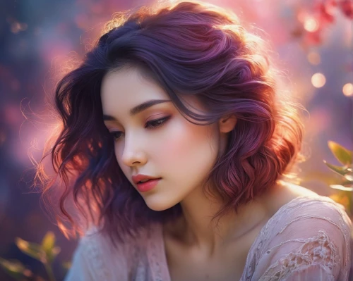 romantic portrait,romantic look,la violetta,light purple,mystical portrait of a girl,fantasy portrait,rapunzel,violet colour,lilac blossom,mauve,acerola,portrait background,purple and pink,natural color,violet,purple background,beautiful girl with flowers,colorful background,purple lilac,girl portrait,Conceptual Art,Fantasy,Fantasy 11