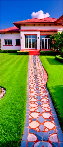 green lawn,golf lawn,spanish tile,bendemeer estates,paved square,red roof,official residence,hacienda,roman villa,driveway,bungalow,feng shui golf course,red chevron pattern,garden elevation,villas,villa,holiday villa,landscaping,paving stones,clubhouse,Illustration,Vector,Vector 16