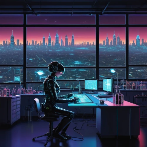 cyberpunk,night administrator,cyber,modern office,neon human resources,computer room,girl at the computer,sci fiction illustration,cyberspace,man with a computer,working space,computer,workspace,cityscape,blur office background,offices,study room,desk top,desk,desktop,Illustration,Abstract Fantasy,Abstract Fantasy 05