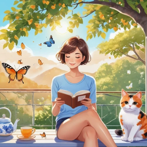 relaxing reading,reading,little girl reading,tea and books,coffee and books,read a book,summer day,bookworm,girl studying,coffee tea illustration,idyllic,butterfly background,author,game illustration,child with a book,reading owl,book collection,novels,books,studio ghibli,Illustration,Japanese style,Japanese Style 01