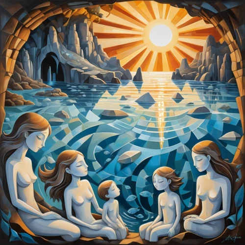 baptism of christ,mirror of souls,cd cover,thermal spring,thermal bath,water-the sword lily,druids,zodiacal signs,apollo and the muses,merfolk,3-fold sun,the people in the sea,underground lake,woman at the well,nativity,summer solstice,water nymph,river of life project,birth of christ,atlantis,Art,Artistic Painting,Artistic Painting 45
