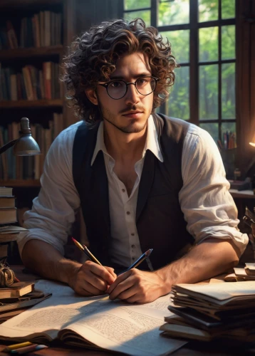 scholar,librarian,reading glasses,bookworm,persian poet,tutor,professor,author,learn to write,writing-book,drexel,male poses for drawing,writing or drawing device,apothecary,academic,writing accessories,writer,leonardo devinci,artist portrait,writing instrument accessory,Conceptual Art,Fantasy,Fantasy 16