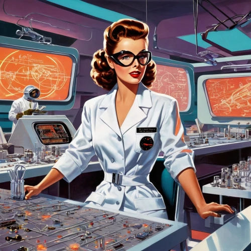 atomic age,retro diner,sci fi surgery room,science-fiction,women in technology,pandemic,retro women,space tourism,pinball,science fiction,switchboard operator,the pandemic,flight engineer,flight attendant,microchips,fallout shelter,stewardess,sci fiction illustration,cosmonautics day,mission to mars,Illustration,Retro,Retro 12
