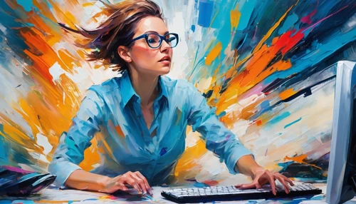 girl at the computer,computer art,blur office background,computer freak,computer addiction,painting technique,women in technology,man with a computer,world digital painting,computer business,woman playing,computer,sprint woman,illustrator,digital creation,computer science,desktop computer,creative background,digital art,abstract corporate,Conceptual Art,Oil color,Oil Color 20