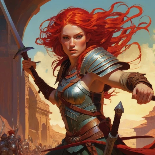 female warrior,fiery,heroic fantasy,merida,swordswoman,redheads,red-haired,fantasy woman,wind warrior,fantasy portrait,rosa ' amber cover,the sea of red,joan of arc,warrior woman,red head,prejmer,fantasy warrior,massively multiplayer online role-playing game,scythe,transistor,Conceptual Art,Fantasy,Fantasy 18