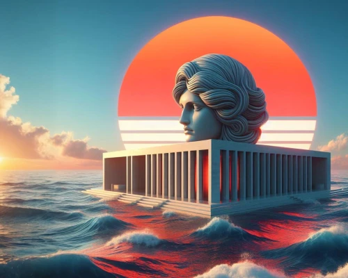 egyptian temple,temple fade,poseidon,monolith,the sphinx,cube sea,monuments,sea god,a sinking statue of liberty,temples,moai,artemis temple,sphinx,god of the sea,atlantis,world digital painting,the moai,tsunami,beachhouse,ocean liner