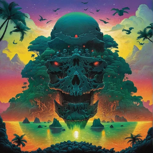 polynesia,tropics,tropical island,skull allover,sub-tropical,volcano,tropical birds,tropical house,skulls,luau,acid lake,temples,bird kingdom,bonsai,pachamama,polynesian,bali,tropical bloom,el dorado,tropical tree,Illustration,Realistic Fantasy,Realistic Fantasy 05