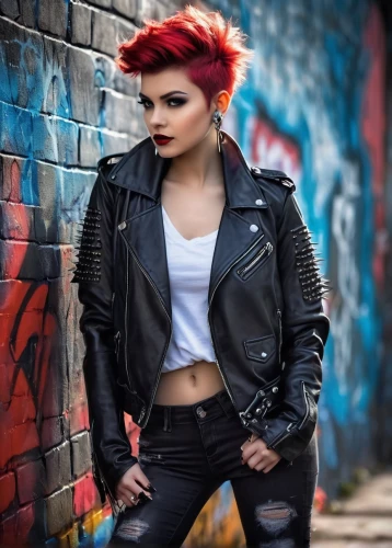 punk,leather jacket,leather,toni,rockabilly style,punk design,red brick wall,black leather,mohawk,harley,rocker,red hair,renegade,redhair,red-haired,greta oto,bolero jacket,red bricks,goth woman,pixie-bob,Illustration,Realistic Fantasy,Realistic Fantasy 01