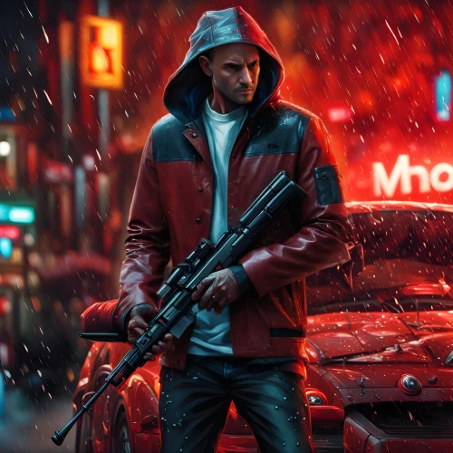 red hood,kalashnikov,cyberpunk,sniper,man holding gun and light,renegade,merc,classified,gun,assassin,star-lord peter jason quill,cinematic,chasseur,digital compositing,shooter game,cg artwork,hooded man,dystopian,mercenary,gangstar