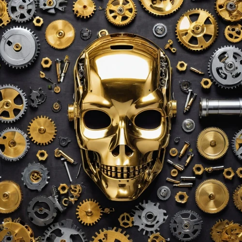 gold mask,c-3po,golden mask,watchmaker,yellow-gold,gold bullion,cog,endoskeleton,scull,cybernetics,gears,mechanical engineering,mechanical,machine tool,gold wall,gold paint stroke,yellow machinery,automotive engine timing part,gold business,steampunk gears,Unique,Design,Knolling