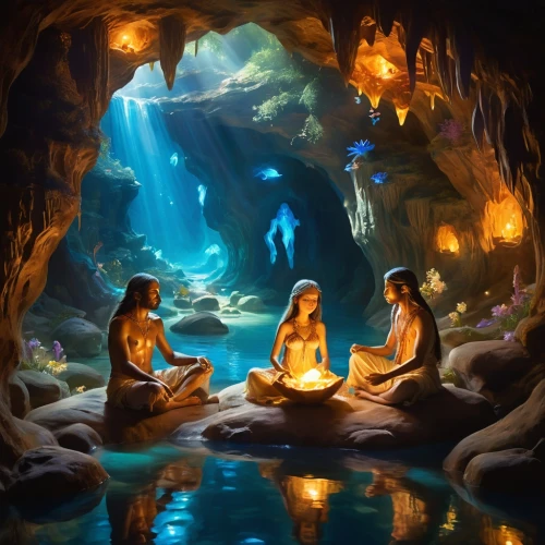 fantasy picture,mermaids,druids,cave on the water,cave church,world digital painting,baptism of christ,cave tour,underwater oasis,believe in mermaids,the three magi,celtic woman,spiritual environment,mermaid background,theravada buddhism,sea cave,fairy world,nativity,sacred lotus,aquariums,Illustration,Realistic Fantasy,Realistic Fantasy 37