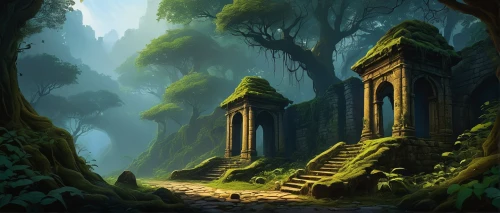 ancient city,ancient house,house in the forest,fantasy landscape,ancient buildings,green forest,druid grove,mausoleum ruins,forest landscape,ruins,forest path,abandoned place,mushroom landscape,mountain settlement,the mystical path,abandoned places,green landscape,hiking path,hall of the fallen,pathway,Art,Artistic Painting,Artistic Painting 27