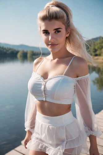 the blonde in the river,vintage angel,lycia,see-through clothing,cotton top,white skirt,paloma,stream,greta oto,bylina,tiber riven,girl on the river,retro woman,barbie,retro girl,lux,saxon,pale,rockabella,tori,Photography,Natural