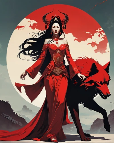 red lantern,red riding hood,mulan,kitsune,scarlet witch,red sun,vampire woman,blood moon,little red riding hood,warrior woman,oriental princess,howling wolf,fantasy woman,lady in red,heroic fantasy,vampire lady,red,red cape,full moon day,red chief,Conceptual Art,Fantasy,Fantasy 06