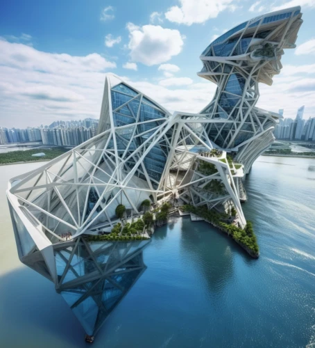 futuristic architecture,cube stilt houses,futuristic landscape,futuristic art museum,solar cell base,artificial island,artificial islands,floating islands,asian architecture,sky space concept,very large floating structure,singapore landmark,floating island,chinese architecture,eco-construction,concrete ship,diamond lagoon,water cube,singapore,floating huts,Photography,General,Realistic