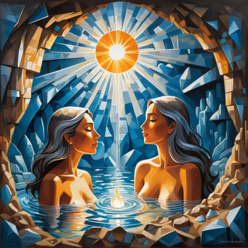 mirror of souls,celtic woman,sun and moon,parallel worlds,double sun,summer solstice,baptism of christ,mirror water,the annunciation,thermal bath,solstice,mirror reflection,mirror image,mermaids,sirens,gemini,tour to the sirens,druids,fire and water,fantasy picture,Art,Artistic Painting,Artistic Painting 45