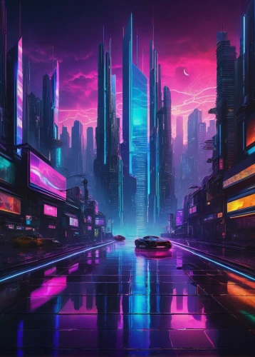 futuristic landscape,cityscape,cyberpunk,colorful city,fantasy city,futuristic,metropolis,vapor,scifi,ultraviolet,80's design,city highway,cities,neon arrows,tokyo city,80s,cyberspace,city lights,neon lights,dusk background,Art,Classical Oil Painting,Classical Oil Painting 19