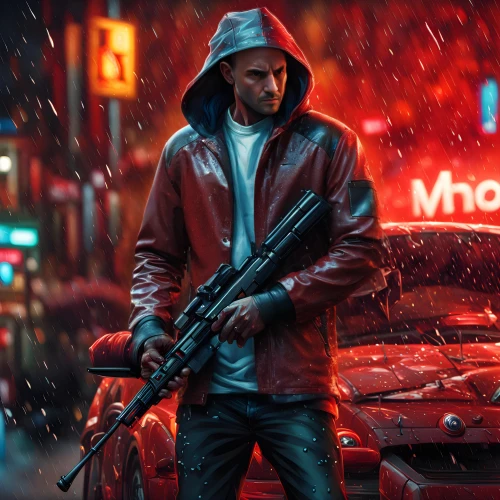 red hood,kalashnikov,star-lord peter jason quill,cyberpunk,merc,sniper,renegade,man holding gun and light,assassin,hooded man,gun,classified,ocelot,shooter game,mercenary,terminator,infiltrator,digital compositing,chasseur,cg artwork