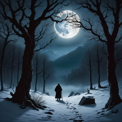 fantasy picture,moonlit night,winter background,world digital painting,blue moon,winter landscape,the mystical path,moonlit,fantasy art,night watch,hooded man,sci fiction illustration,black forest,full moon,snow landscape,the wanderer,eternal snow,night scene,fantasy landscape,landscape background,Art,Classical Oil Painting,Classical Oil Painting 19